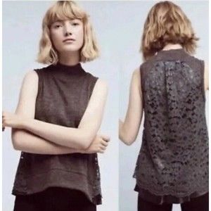 Anthropologie Moth Tank Ella Mock Neck Lace Back Knit Gray Green medium